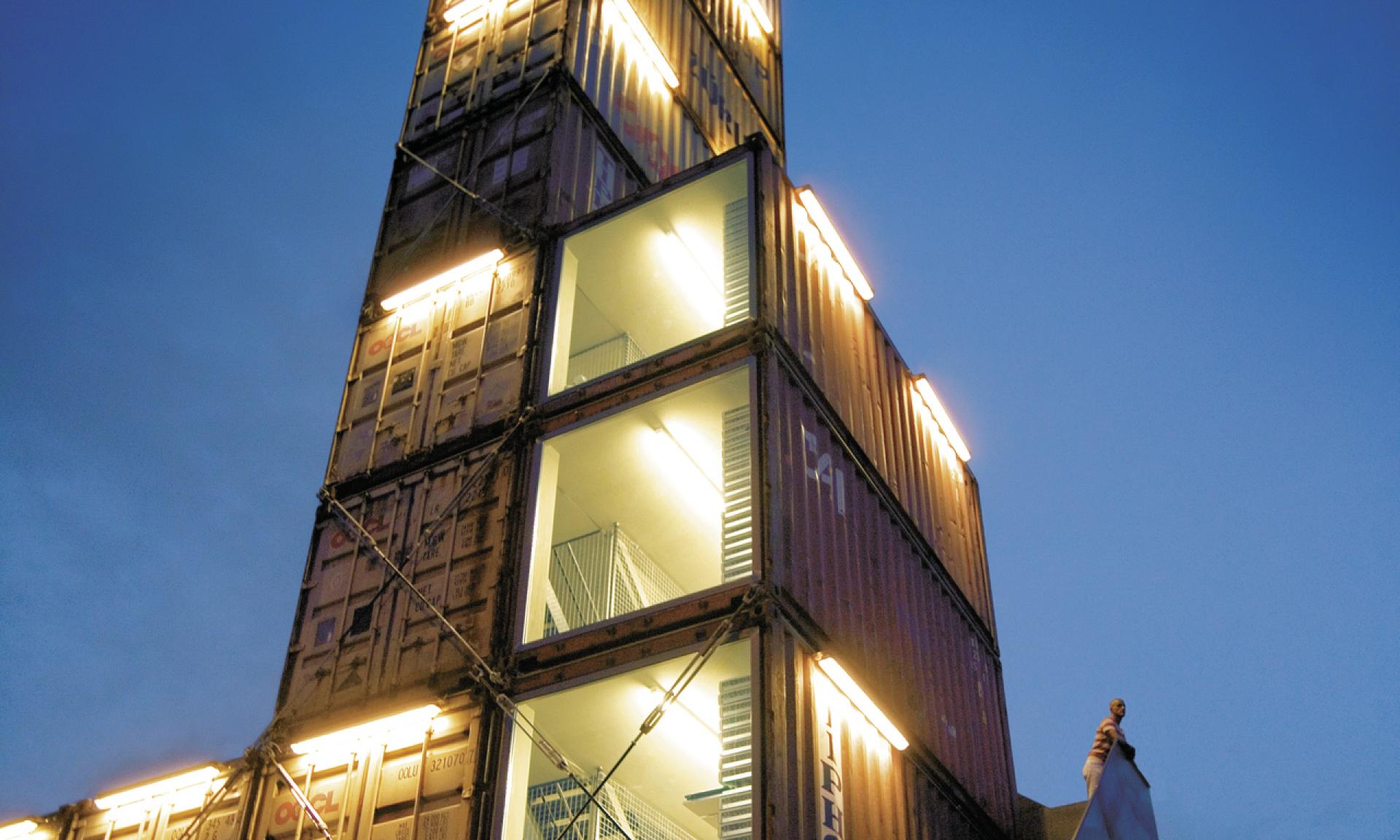 In a tower of containers, the cult label Freitag presents it's original bags